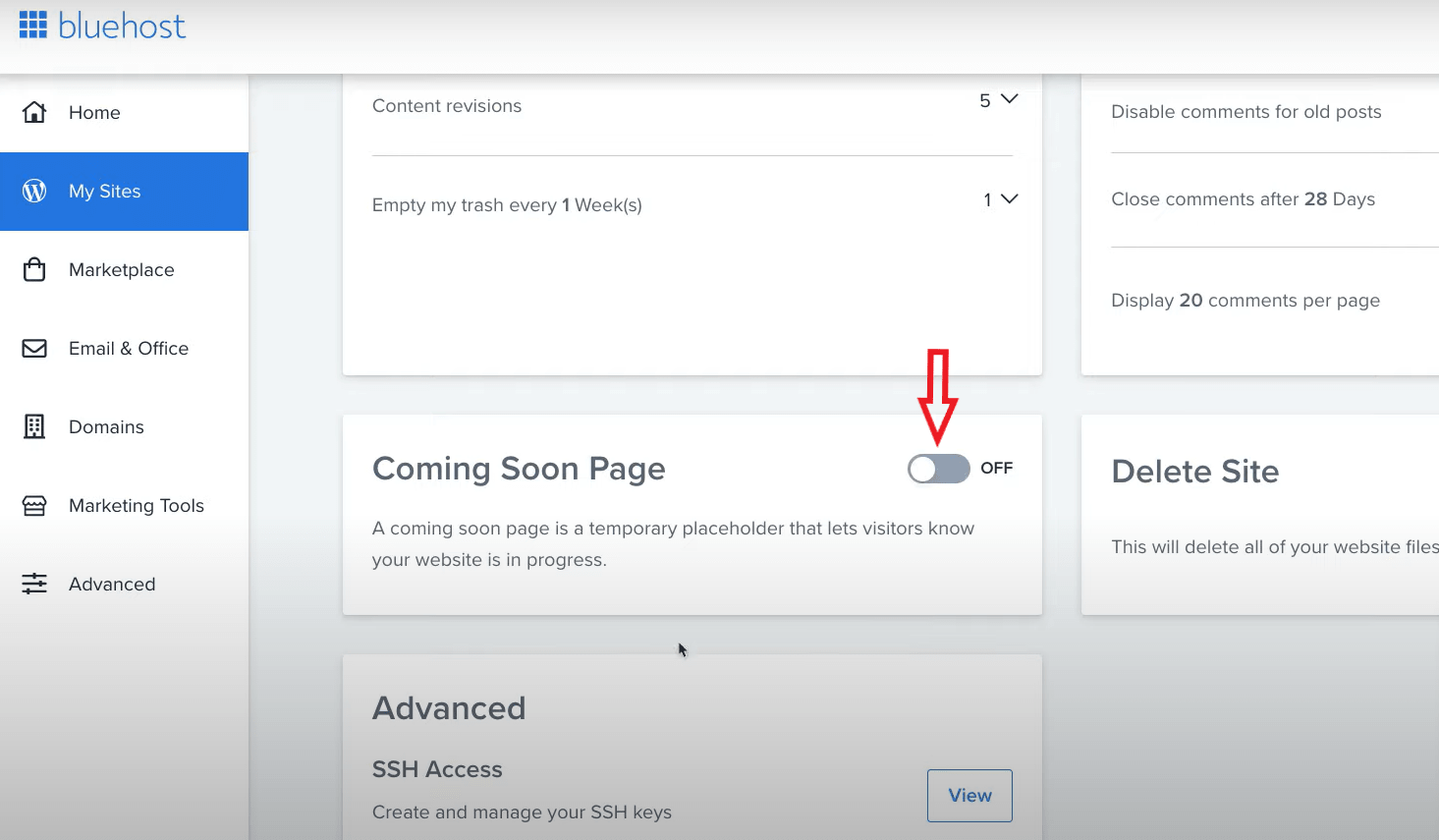 bluehost dashboard - settings-coming soon page bluehost dashboard - settings-coming soon page