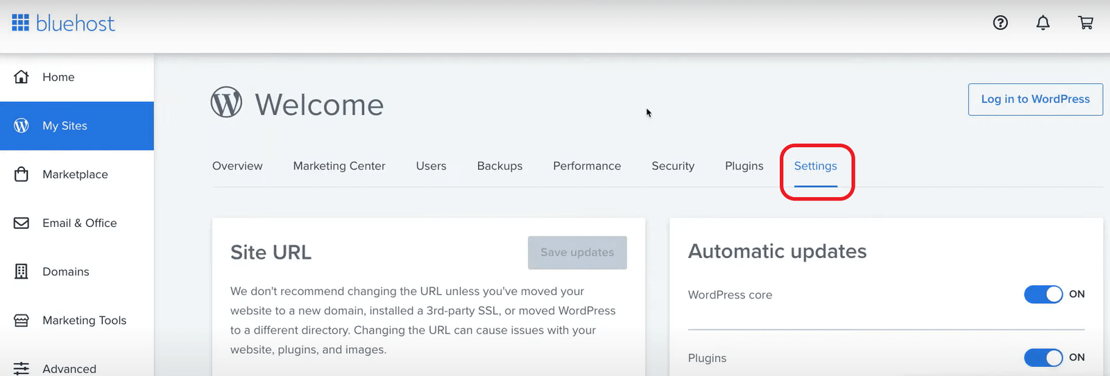 bluehost dashboard - settings bluehost dashboard - settings