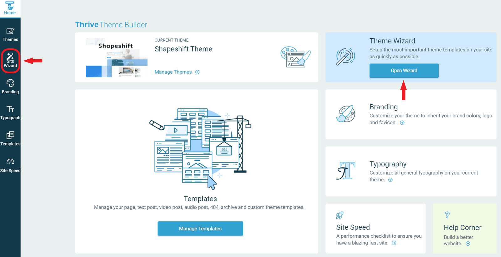 開啟 thrive theme builder wizard